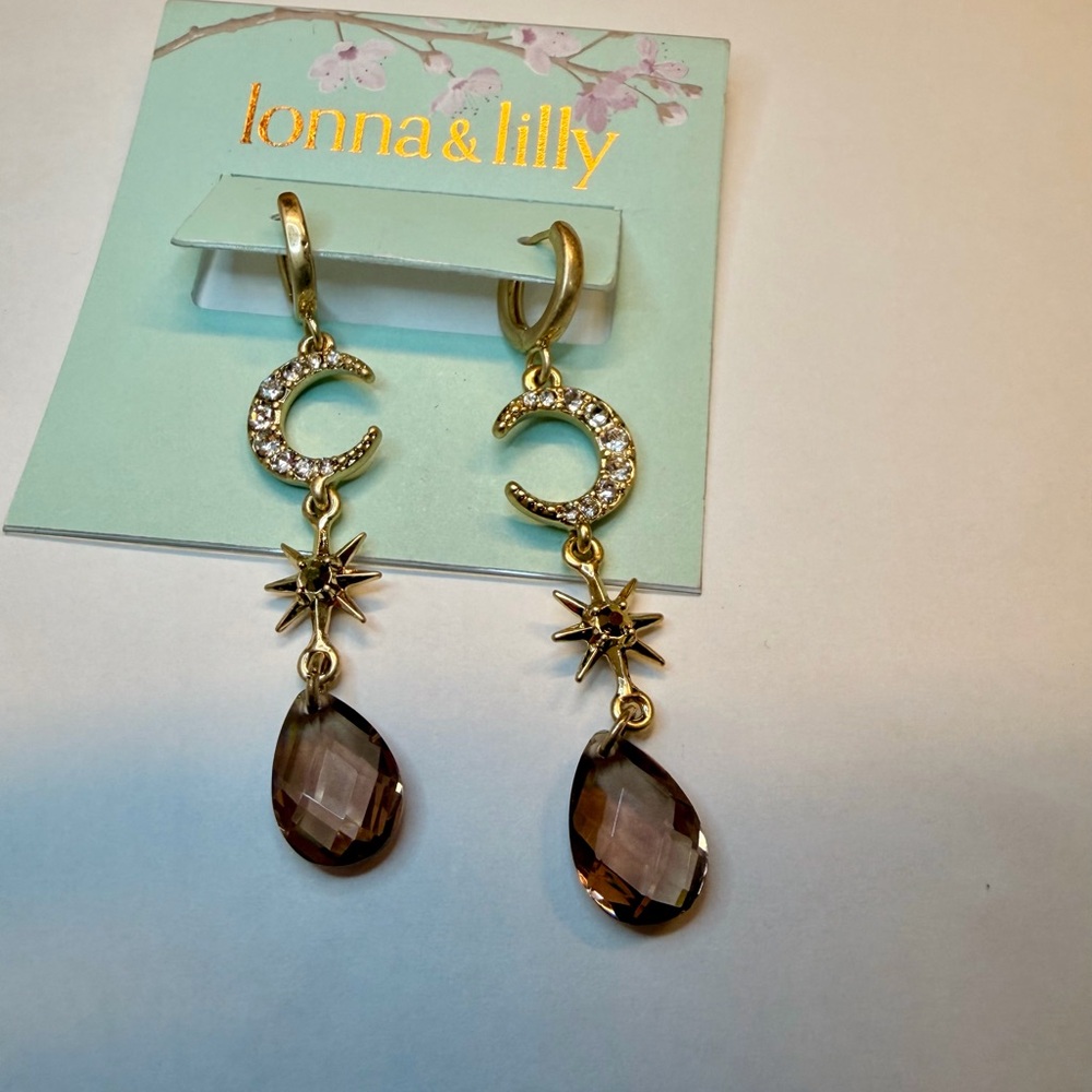 NWT Iona & Lilly Gold and Purple Drop Earrings Celestial Jewelry